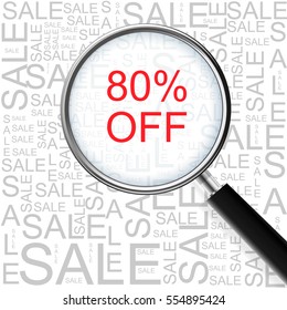 80% OFF Sale. Magnifying glass over seamless background with different association terms. Business Concept.