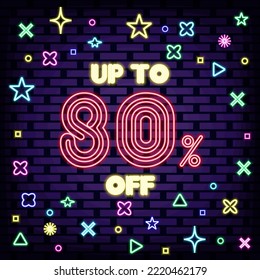 Up to 80% off, sale Neon Sign Vector. On brick wall background. Announcement neon signboard. Isolated on black background. Vector Illustration