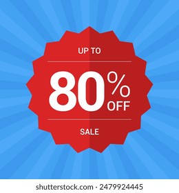 Up to 80% off sale promotion. Eighty percent sale tag symbol. Promotion flat vector badge graphic. Red Sticker emblem. Modern design on blue background.