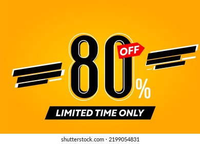 80% off, sale, Vector illustration for Labels, , Stickers, Banners, Tags, limited time, New offer. Discount badge in yellow background