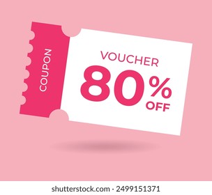 80% off Sale Voucher Coupon. Eighty percent promotion illustration. Tag label, sale banner with discount coupon. Pink Vector gift voucher.