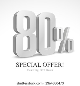 80% Off Special Offer Silver 3D Digits Banner, Template Eighty Percent. Sale, Discount. Grayscale, Metal, Gray, Glossy Numbers. Illustration Isolated On White Background. Ready For Your Design. Vector
