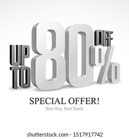 Up To 80% Off Special Offer Silver 3D Digits Banner, Template Eighty Percent. Sale, Discount. Grayscale, Metal, Gray, Glossy Numbers. Illustration Isolated On White Background. Ready For Your Design.
