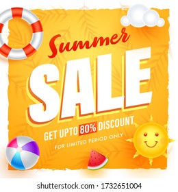 UP TO 80% Off for Summer Sale Poster Design with Realistic Beach Ball, Swimming Ring, Watermelon Slice, Cloud and Cartoon Sun.