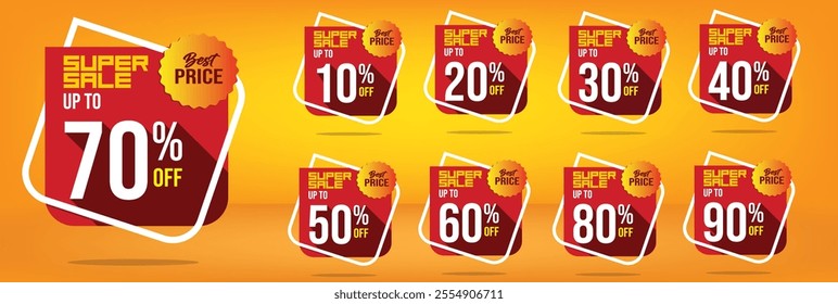 80% up to off super sale and best price banner, tags red and white 75 percent, 10, 20, 30, 40, 50, 60, 70, 80, 90 with orange and yellow background design