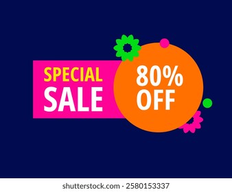 80% off tag - dark blue background with eighty percent off offer banner. orange, circle, flowers. Special summer or carnival offer for a limited time