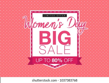 80% OFF Woman's Day Big Sale Banner inscription design template. 8th March Happy Womens Day. Festivity background. Lettering typography poster. Vector illustration.