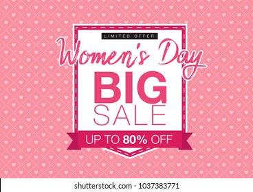 80% OFF Woman's Day Big Sale Banner inscription design template. 8th March Happy Womens Day. Festivity background. Lettering typography poster. Vector illustration.