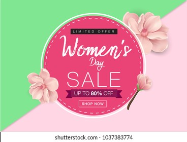 80% OFF Woman's Day Big Sale Banner inscription design template. 8th March Happy Womens Day. Festivity background. Lettering typography poster. Vector illustration.