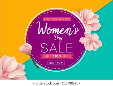80% OFF Woman's Day Big Sale Banner inscription design template. 8th March Happy Womens Day. Festivity background. Lettering typography poster. Vector illustration.