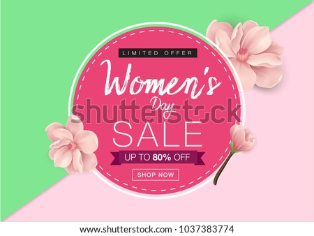 80% OFF Woman's Day Big Sale Banner inscription design template. 8th March Happy Womens Day. Festivity background. Lettering typography poster. Vector illustration.