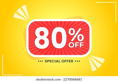 80% off. Yellow banner with 80 percent discount on a red balloon for mega big sales. 80% sale