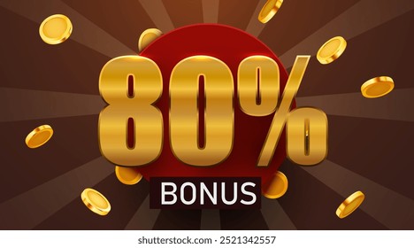 80 por ciento de bonificación con monedas de oro que caen. Cashback o concepto de premio. Ilustración vectorial