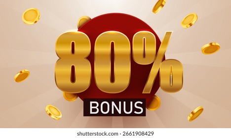 80 por ciento de bonificación con monedas de oro que caen. Cashback o concepto de premio. Ilustración vectorial