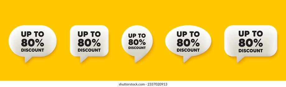 Up to 80 percent discount. 3d chat speech bubbles set. Sale offer price sign. Special offer symbol. Save 80 percentages. Discount tag talk speech message. Talk box infographics. Vector