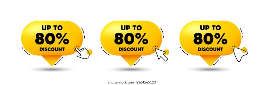 Hasta un 80% de descuento. Pulse aquí los botones. Señal de precio de oferta de venta. Símbolo de oferta especial. Ahorra 80 por ciento. Mensaje de chat de la burbuja de la etiqueta de descuento. infografía de la caja de llamadas. Vector