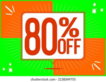 -80 percent discount. 80% discount. Up to 80%. Green and orange banner with floating balloon for promotions and offers. Up to. Vector. Discount and offer board.