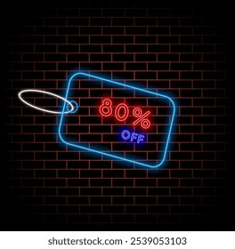 80%. 80% de desconto. estilo neon. Vendendo ofertas especiais. Etiqueta de desconto em estilo neon. para uma campanha publicitária de varejo no dia das compras. fundo de tijolo. ilustração vetorial.