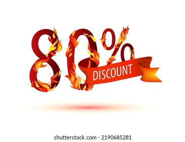 80 percent discount. Vector burning sale symbol with flaming fire