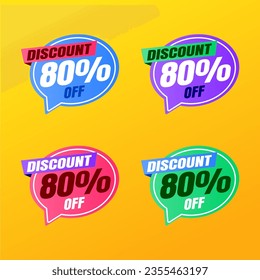 80 percent discount yellow banner with blue, purple, pink, green balloon for offers and promotions sales.