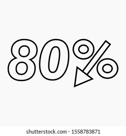 80 percent drop dark icon on a white background. Price drop. Interest rate reduction. Sell-out. Stock symbol. Discount. Markdown of goods. Bonus discount. Vector icon.