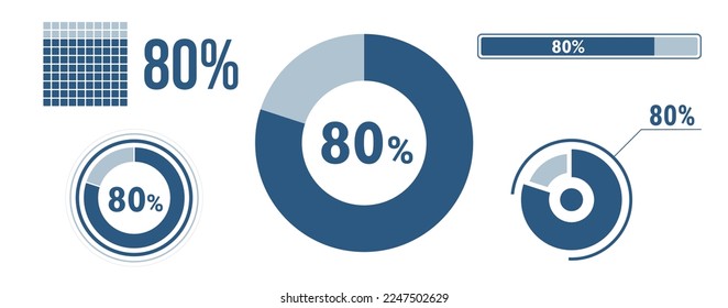 80 percent loading data icon set. Eighty circle diagram, pie donut chart, progress bar. 80% percentage infographic. Vector concept collection, blue color.