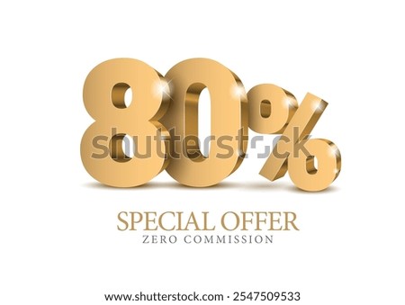 80 percent number. Eighty number in gold 3d. Poster template for discount, sale discount, work progress. Vector illustration