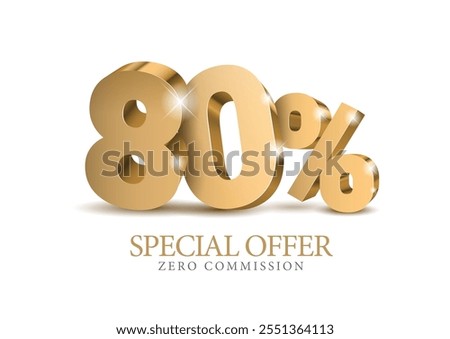 80 percent number. Eighty number in gold 3d. Poster template for discount, sale discount, work progress. Vector illustration