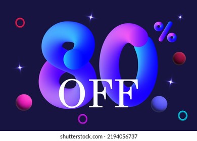 80 Percent Off. Big Discount, Advertising Promotion Of Goods, Profitable Purchases. Holiday Event, Space Sale, Gifts And Bonuses. Vector Banner 3d. Clearance, Rebate, Abstract Background, Flares.