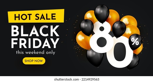 80% de descuento. Composición creativa del Viernes Negro. 3d símbolo de venta con objetos decorativos. Cartel y afiche de venta. Ilustración vectorial.