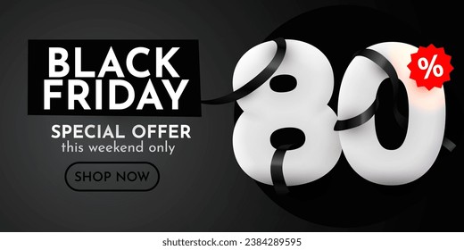 80 percent Off. Black Friday Sale composition with decorative objects, balloons, golden confetti, podium. Discount banner and poster. Vector illustration.