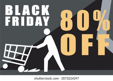 80 percent off, black and gray banner with a man with shopping cart for black friday, offers and promotions