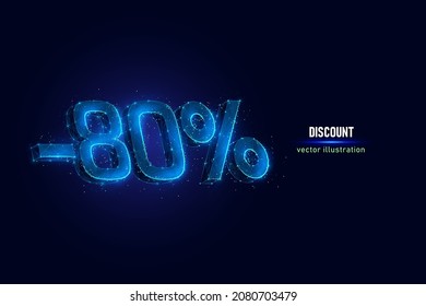 80 % Rabatt auf digitale Drahteinlagen aus verbundenen Punkten. Feiertagsrabatt, Low-Poly-Vektorgrafik auf blauem Hintergrund.
