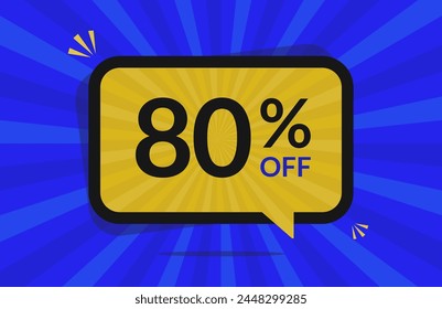 80 percent off. 80% discount. Blue and Yellow banner with floating balloon for promotions and offers.