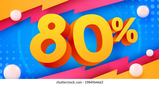 80% de descuento. Descubre la composición creativa. 3 d mega venta 80% símbolo con objetos decorativos. Cartel y afiche de venta. Ilustración vectorial.