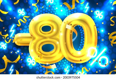 80 percent Off. Discount creative composition. 3d mega sale symbol with decorative objects. Sale banner and poster. Vector illustration.