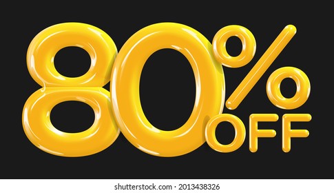 80 percent Off. Discount creative composition of golden or yellow balloons. 3d mega sale or eighty percent bonus symbol on black background. Sale banner and poster. Vector illustration.