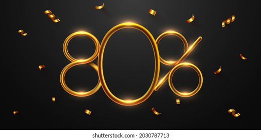 80 percent Off. Discount creative composition of golden balloons. 3d mega sale 80% or eighty percent bonus symbol with confetti. Sale banner and poster. Vector illustration.