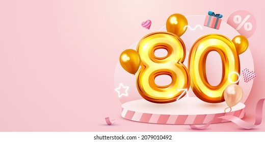 80 percent Off. Discount creative composition. Golden sale symbol with decorative objects, heart shaped balloons and gift box. Sale banner and poster. Vector illustration.