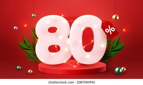 80 percent Off. Discount creative composition. 3d sale symbol with decorative objects. Sale banner and poster. Vector illustration.