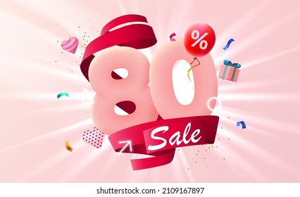 80 % Rabatt. Discount Creative Komposition. 3D-Verkaufssymbol mit dekorativen Gegenständen, herzförmigen Ballons und Geschenkbox. Verkaufen Sie Banner und Poster. Vektorgrafik.