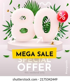 80% de descuento. Descubre la composición creativa. Cartel de venta de verano con objetos decorativos, hojas de palma y caja de regalo. Cartel y afiche de venta. Ilustración vectorial.
