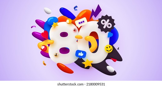 80 percent Off. Discount creative composition. 3d sale symbol with decorative objects. Sale banner and poster. Vector illustration.