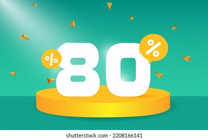80 percent Off. Discount creative composition. 3d sale symbol with decorative objects, podium. Sale banner and poster