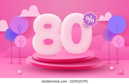 80 percent Off. Discount creative composition. 3d sale symbol with decorative objects and podium. Sale banner and poster. Vector illustration.