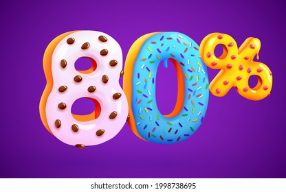 80 percent Off. Discount dessert composition. 3d mega sale 80% symbol with flying sweet donut numbers. Sale banner or poster. Vector illustration