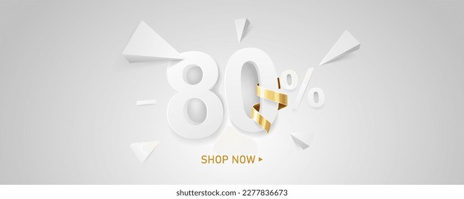 80 Percent off discount sale background. White 3D number with percent sign and golden ribbon. Promotion template design.