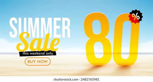 80 percent Off. Discount summer composition. Ocean beach. Sale banner and poster. Vector illustration.