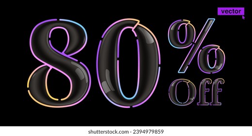 80% percent OFF glossy black lettering with vivid neon lines. Rainbow gradient 3D badge for Super Sale banner. Colorful vector emblem for Special Price design, Discount Offer labels, Coupon Template.