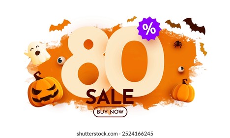 80 percent off. Halloween sale banner template. Podium and numbers with amount of discount. Special October offer. Vector illustration.